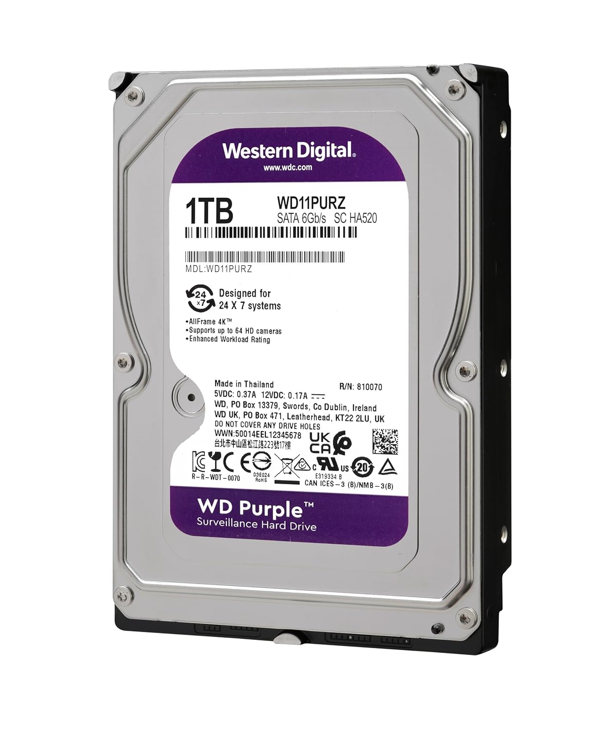 WD Purple 1TB SATA Surveillance Hard Drive | 24x7 CCTV Storage | DVR/NVR Compatible