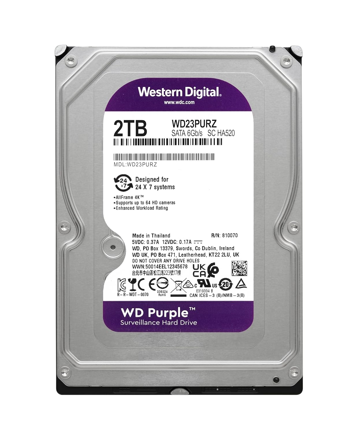 WD Purple 2TB SATA Surveillance Hard Drive | 24x7 Recording | CCTV DVR/NVR Ready