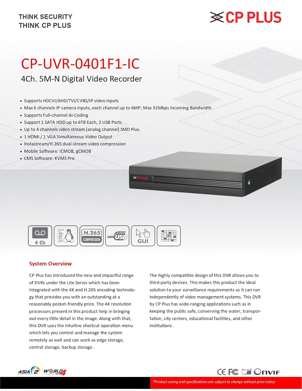 CP Plus 4 Channel 5M-N Digital Video Recorder (CP-UVR-0401F1-IC)