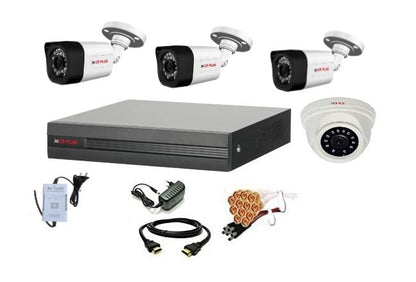 CP PLUS 4-Channel HD DVR 1080p 1Pcs, Outdoor Camera 2.4 MP 3 Pcs, Indoor Camera 2.4 MP 1 Pcs, 4-CH ANTECH Power Supply, HDMI, BNC & DC Security Camera